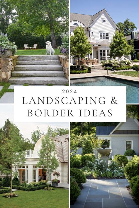 Beautiful landscaping ideas for the front yard, back yard, and around the sides of the house, with garden borders, flower beds, hydrangeas, bushes, outdoor entry landscaping, driveway entry landscaping ideas, and budget backyard ideas for 2024 Chicago Landscaping Ideas, North Carolina Landscaping Front Yard, Pretty Front Yards, Hedge In Front Of House, Back Of House Landscaping, Front Garden Bed Ideas, Large Front Yard Landscaping Ideas, Front Yard Garden Beds, Backyard Flower Beds