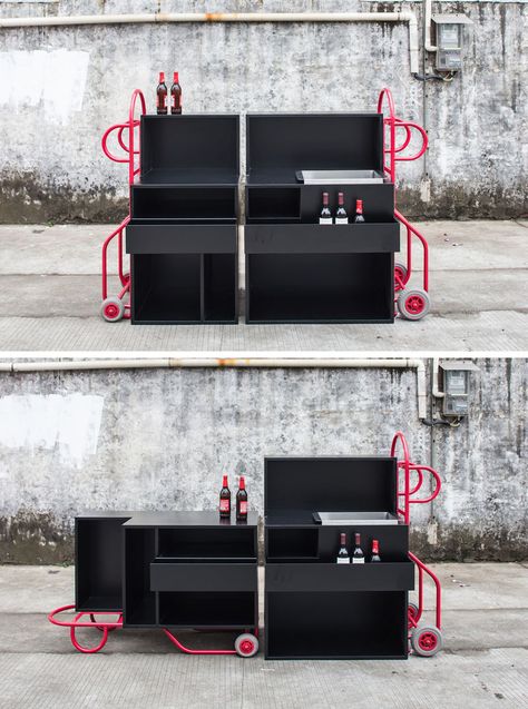 These modern black furniture pieces can be placed beside each other to create an elongated space used for various tasks, such as a wine bar. Movable Furniture, Mobile Furniture, Portable Furniture, Mobile Workshop, Portable Bar, Multipurpose Furniture, The Push, Cornell University, Urban Furniture