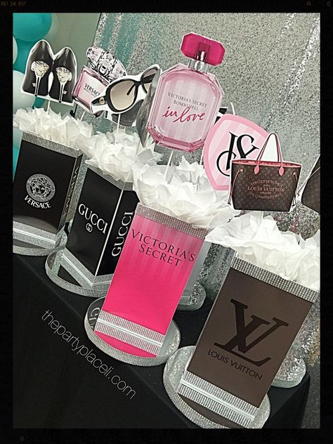 Order Party Centerpieces and Decor Online! Birthday Themes Sweet 16, Centerpiece For Sweet 16, Themes Sweet 16, Versace Party, Cajas Silhouette Cameo, Chanel Birthday Party, Sweet 16 Centerpieces, Chanel Birthday, Sweet 16 Themes