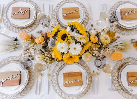 Sunflowers and Pumpkins Table | The House of Elyn Ryn Sunflower Thanksgiving Table, Sunflower Table Setting, Thanksgiving Table Design, Friendsgiving 2023, Sunflower Table Centerpieces, Sunflowers And Pumpkins, September Ideas, Sunflower Table, Hoco 2024