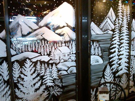 Williamsburg, Brooklyn Winter Window Painting, Holiday Window Painting, Christmas Window Ideas, Winter Window Display, Winter Windows, Snow Spray, Window Painting Ideas, Christmas Window Displays, Window Paintings