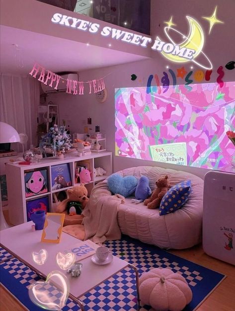 Anime Themed Bathroom, Kawaii Room Furniture, Kawaii Girls Room, Anime Inspired Living Room, Kawaii Room Ideas Aesthetic, Kawaii Room Inspiration, Gaming Bedroom Girl, Quirky Bedroom Decor, Kawaii House Decor