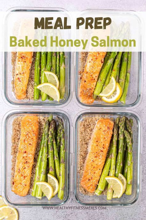 High Protein Meals With Asparagus, High Protein Salmon Meal Prep, Asparagus Meal Prep, Clean Eating Salmon, Meal Prep Simple, Salmon Meal Prep, Salmon Asparagus, Protein Meal Prep, Honey Salmon