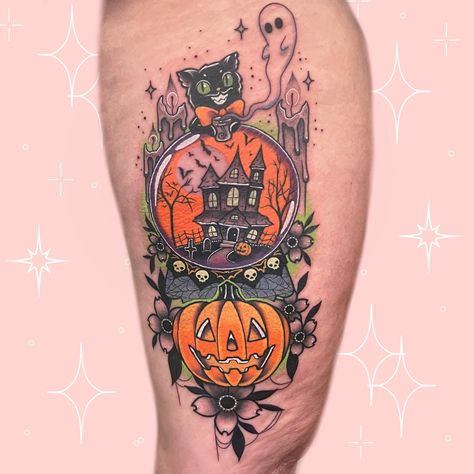 It was a dream come true to be asked to do my own version of a big ol’ Halloween design. I love all things spooky, hence the name, so if you have a custom idea for a Halloween tattoo, I am your girl! I did this giant piece for $800, and generally do special prices on larger pieces that I really want to do so if you have a budget but you want something really cool and spooky, don’t be afraid to ask! I will work with you to create a really cool piece 😍 #tattoo #tattooartist #atlantaartists #a... Halloween Tree Tattoo Ideas, Vintage Halloween Tattoo Sleeve, Vintage Pumpkin Tattoo, Halloween Tree Tattoo, Candy Corn Tattoo, Halloween Tattoo Sleeve, Corn Tattoo, Halloween Tattoos Sleeve, Piece Tattoo