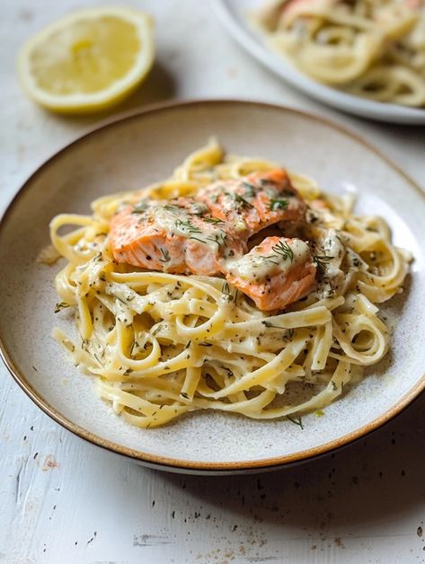 Lemon Dill Salmon, Lemon Dill Sauce, Dill Salmon, Poached Salmon, Lemon Dill, Salmon Pasta, Cheese Pasta, Fish And Seafood, Weeknight Dinner