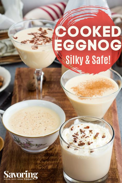 If you're concerned about the safety of drinking eggnog, this custard-style cooked eggnog recipe is just what you need. Cooked Eggnog Recipe, Cooked Eggnog, Cooked Egg Nog, Alcoholic Eggnog, Beating Egg Whites, Eggnog Recipe Homemade, Classic Eggnog, Flavored Alcohol, Creamy Eggnog