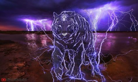 Lightning Tiger Fantasy Lightning Tiger, Elemental Animals, Storm Hair, Animal Fusion, Lightning Effect, Rock N Roll Aesthetic, Fire Tiger, Cool Tiger, Red Aura