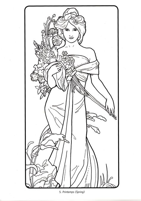 Art Deco - Alphonse Mucha 05 Art Deco Tattoo, Motifs Art Nouveau, Colouring Pictures, Alphonse Mucha Art, Geisha Tattoo, Kunst Tattoos, Mucha Art, Alfons Mucha, Art Nouveau Illustration