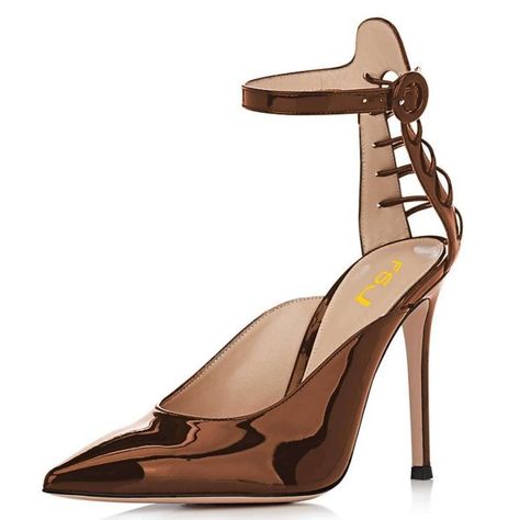 Brown Mirror Leather Lace Up Ankle Strap Heels Pumps for Work, Formal event, Ball, Hanging out, Honeymoon | FSJ Pencil Heels, Brown Mirror, Work Formal, Custom Boots, Heels Stilettos, Ankle Strap Pumps, Shoes Brown, Heels Pumps, Ankle Strap Heels