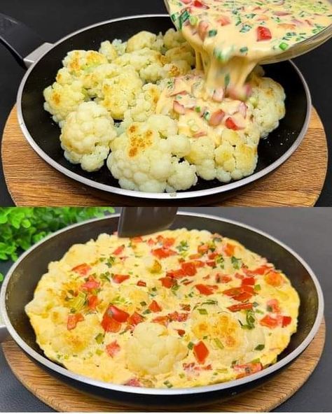 Cauliflower And Egg Recipes, Cauliflower Egg Recipes, Breakfast With Cauliflower, Cauliflower And Eggs, Fresh Cauliflower Recipes, Califlower Recipes Dinner Healthy, Cauliflower Breakfast Casserole, Pan Fried Cauliflower, Cauliflower Breakfast