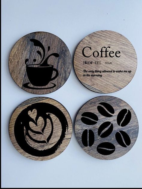 "Set of 4 laser engraved and cut coasters. 3.5\" diameter coasters fit nicely anywhere and are made from a laminate to offer superior durability. Each coaster comes with acrylic pads on the bottom to protect your surfaces. Custom engravings available Find our custom order item in our shop" Coffee Coaster Ideas, Laser Engraved Coasters, Coaster Art Ideas, Wood Coaster Ideas, Wooden Coaster Ideas, Pyrography Coasters, Coaster Painting Ideas, Coaster Design Ideas, Circular Canvas Painting