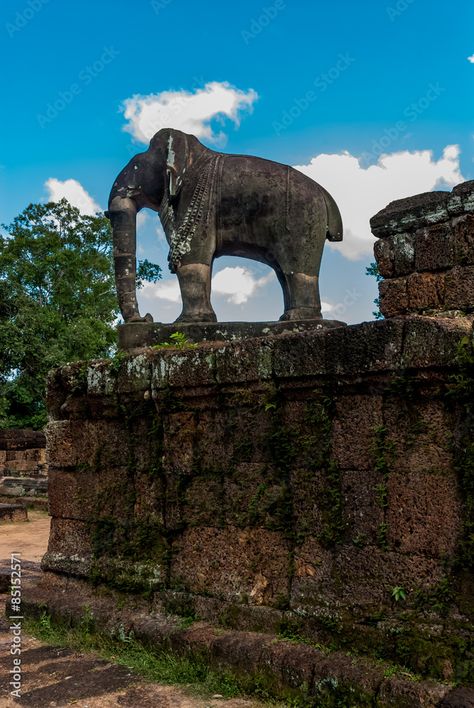 elephant sculpture in the archaeological place of the oriental mebon in siam reap, cambodia Stock Photo Elephant Sculpture, America And Canada, Mauritius, Photo Illustration, Bahamas, Trinidad, Ecuador, Trinidad And Tobago, Cambodia