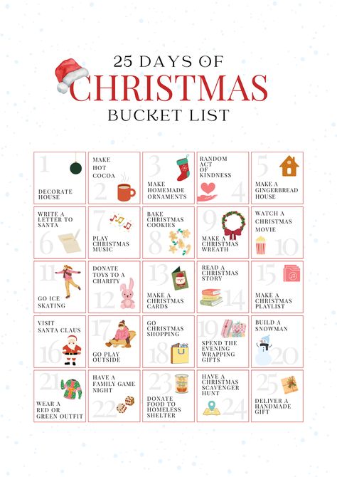 Christmas Bucket List Printable - Ultimate Free Holiday Fun — xoxoerinsmith.com Santa Bingo, Christmas Bucket List Printable, Gift Exchange Dice, Bingo Christmas, Bucket List Activities, Holiday Bucket List, Printable Bucket List, Christmas Skating, Gingerbread Christmas Tree