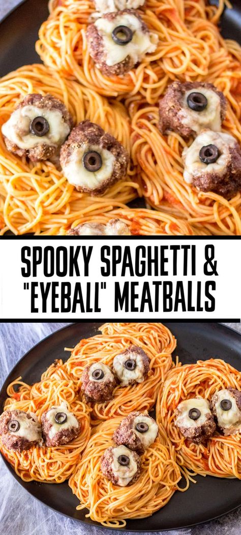 Halloween Themed Spaghetti, Halloween Pizza Party Ideas, Spooky Halloween Dinner For Kids, Spooky Foods For Halloween Dinner, Spooky Spaghetti And Meatballs, Halloween Pasta Dishes, Meatball Eyeballs Halloween, Halloween Theme Dinner For Kids, Hocus Pocus Dinner Food