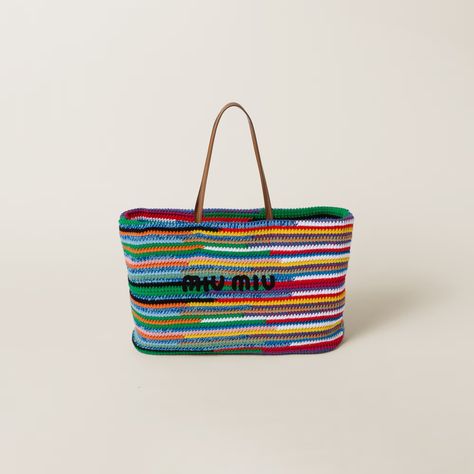 Multicolored Crochet Tote Bag | Miu Miu Miu Miu Crochet, Miu Miu Purse, Crochet Beach Bags, Embroidered Lettering, Green Tote Bag, Miu Miu Bag, Fabric Tote Bags, Fashion Tote Bag, Fabric Tote