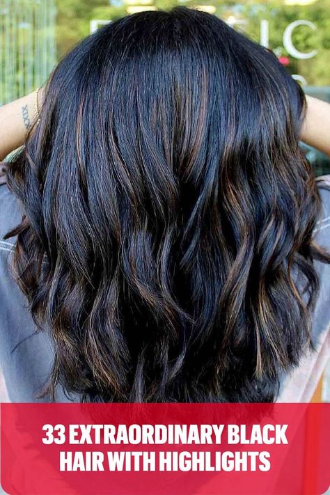 Medium-Length Black Hair with Light Brown Highlights Hair With Light Brown Highlights, Types Of Highlights, Dark Hair Bobs, Light Black Hair, Brown Black Hair Color, Black Hair With Brown Highlights, Dark Brown Hair Dye, Medium Black Hair, Natural Hair Highlights