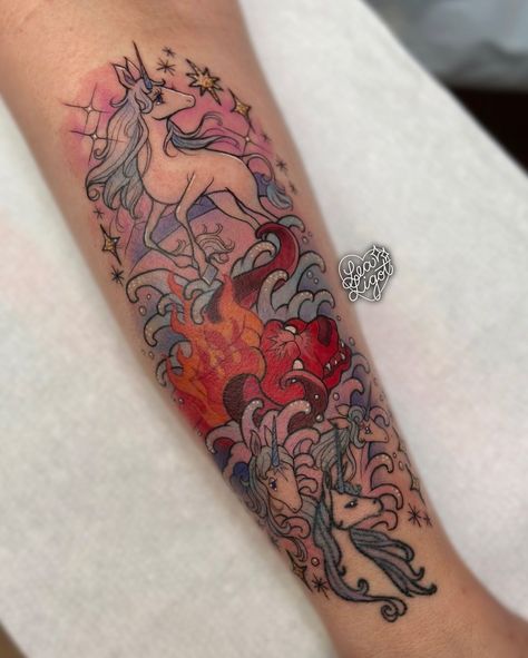 The Last Unicorn defeating the red bull for Heather to expand on her existing unicorn tattoo! ✨ Tattooing anything from the Last Unicorn… | Instagram The Last Unicorn Tattoo Ideas, The Last Unicorn Tattoo, Last Unicorn Tattoo, Tattoo Unicorn, Unicorn Tattoo Designs, Lady Amalthea, Unicorn Tattoo, Outer Forearm Tattoo, Tattoo Thoughts