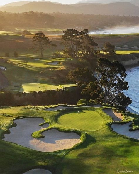 One of my favorite times of day is sunrise. One of my favorite places to be at that time is Pebble Beach Golf Links. Here's a photos of… Beautiful Golf Courses Pictures, Golf Scenery, Golf Paintings, Beautiful Golf Courses, Pebble Beach Golf Course, Golf Drawing, Golf Painting, Pebble Beach California, Golf Pictures