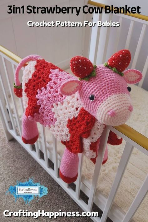 The 3in1 Strawberry Cow Baby Blanket is a crochet pattern inspired by the sweetness of strawberries and farm cows. 🍓🐄 Enjoy creating this unique, multipurpose nursery baby blanket.(edited) Cow Blanket Crochet Pattern Free, Multipurpose Nursery, Strawberry Crochet Blanket, Cow Nursery Ideas, Animal Crochet Blanket, Farm Animal Crochet, Cow Baby Blanket, Crocheted Cow, Cow Blanket