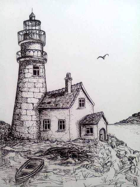 Boats near Lighthouse drawing Lighthouse Drawing, Landscape Pencil Drawings, Lighthouse Painting, Lighthouse Art, Landscape Drawings, Pencil Art Drawings, Urban Sketching, Drawing Lessons, Pen Art