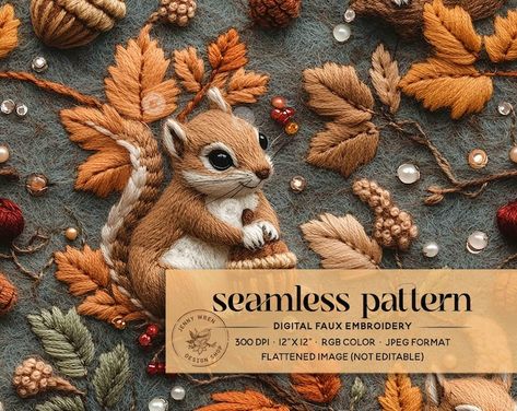 Fall Floral Roosters Chickens Seamless Pattern, Boho Fall Farm Animals Embroidery Seamless, Boho Farmhouse Digital File Fabric Sublimation - Etsy Squirrel Embroidery Pattern, Woodland Embroidery Designs, Squirrel Embroidery, Woodland Embroidery, Fall Animals, Animal Embroidery Patterns, Fall Embroidery, Fall Embroidery Designs, Woodland Fabric