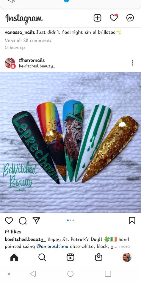 Goth St Patrick's Day Nails, Leprechaun Nails, Scary Leprechaun, Patty Nails, Leprechaun Movie, St Patricks Nail Designs, Saint Patrick Nail, Horror Nails, St Patricks Day Nails