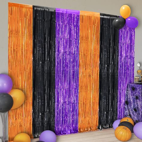 PRICES MAY VARY. XTRALARGE | CREATE BEAUTIFUL HALLOWEEN STREAMERS : Looking for unique halloween foil fringe curtains for orange and black halloween decorations? This xtralarge black and orange fringe curtain is perfect background for orange and black party decorations. With a touch of your creativity, you can make an elegant theme orange and black Deco with halloween photo backdrop for basketball party decorations or halloween party decorations. Haunt your party with halloween photo booth backd Halloween Decorations Streamers, Holoween Idea Decor Party, Halloween Class Party Decorations, Halloween Photobooth Idea, 10th Birthday Halloween Party, Decorations For Halloween Party, Middle School Halloween Dance Decorations, Halloween Dance Party Decorations, Black Light Halloween Party