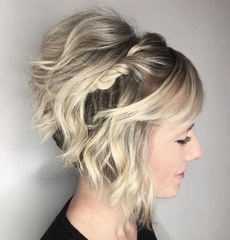 Inverted Bob Styling Ideas, Inverted Bob Formal Hairstyles, Updo For Stacked Bob, Angled Bob Updo, Inverted Bob Updo Wedding, Stacked Bob Updo, Short Bob Wedding Styles, How To Style An Inverted Bob, Short Hair Updo Front View