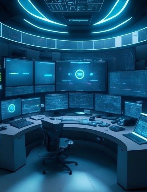 High Tech Computer Room, Sci Fi Computer Room, Cybercore Interior, Futuristic Computer Room, Tech Company Aesthetic, Futuristic Room Ideas, High Tech Aesthetic, Sci Fi Office, Futuristic Technology Concept Art