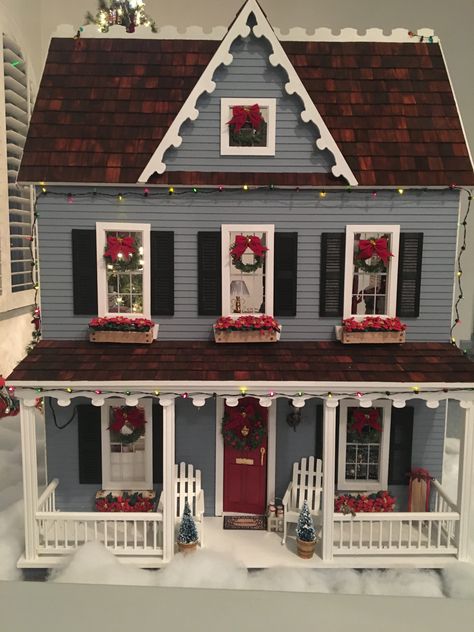 Christmas Dollhouse Exterior, Christmas Dollhouse Makeover, Vermont Dollhouse, Vermont Farmhouse Jr Dollhouse, Vermont Farmhouse Jr, Holiday Dollhouse, Gingerbread Dollhouse, Diy Christmas Village Houses, Dollhouse Build