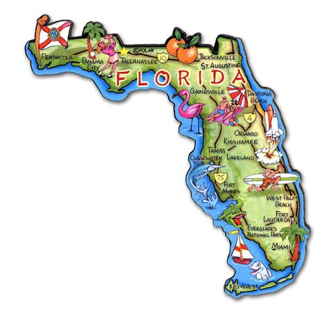 PRICES MAY VARY. Full color illustration of Florida icons, highways, cities and features composed in the state's map High quality .25"(approx.)-thick MDF Material with a Full-Coverage Magnet Backing Made in Canada Magnet Measures 4.3" x 4.5" Great Gift or Collectible Souvenir! Florida Map Art, Puerto Rico Map, Orlando Usa, Florida Map, Map Of Florida, St Augustine Florida, Vintage Florida, Refrigerator Magnet, Travel Souvenirs