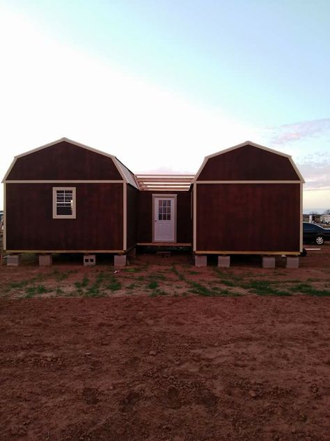 Two Sheds Connected By Deck, Two Sheds Connected, 2 Sheds Connected, Budget Floor Plans, Shrimp Scampy, Large Shed House, Shed To Home Conversion, Storage Building Homes, Shed To Cabin Conversion