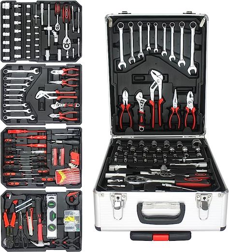 AMAZON White Aluminum Trolley Case Tool Set, Silver Hand Tool Box with 4 Layers of Toolset and Wheels, Household Hand Kit Plastic Toolbox Storage Case for House Repair, Garden, Office😄 Portable Tool Box, Rolling Tool Box, Metal Filing Cabinet, Hand Tool Set, Plastic Organizer, Tool Case, Household Tools, Hand Tool, Automotive Repair