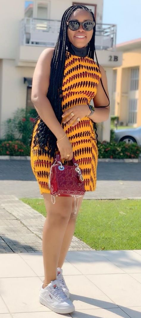 Print styles with sneakers Ankara Short Gown Styles With Sneakers, Ankara Dress Styles Short Casual, Ankara Dress Styles Short, Latest Ankara Dresses, Chitenge Outfits, African Print Long Dress, African Elegance, Ankara Short Gown Styles, Ankara Dress Styles