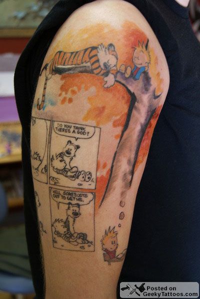 Calvin and Hobbes | 39 Tattoos That Are Basically Works Of Art Calvin And Hobbes Tattoo, Geeky Tattoos, Nerdy Tattoos, Comic Ideas, Cartoon Tattoo, Randy Cunningham, Cartoon Character Tattoos, 4 Tattoo, Tattoos Skull