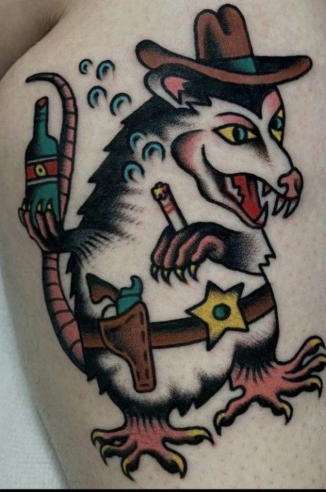 American Traditional Raccoon Tattoo, Traditional Possum Tattoo, Traditional Pig Tattoo, Traditional Raccoon Tattoo, Traditional Cowboy Tattoo, Traditional Western Tattoo, Boar Tattoo, Possum Tattoo, Trumpet Tattoo