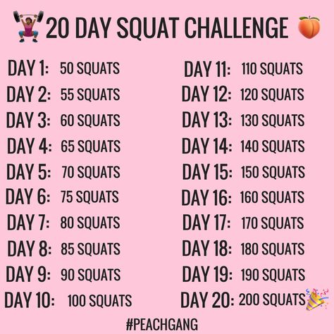 20 Day Squat Challenge!!! You can do this with or without weights, and it is definitely a way to kick off your fitness journey!  #peachgang Squat Challenge 20 Day, 2 Week Squat Challenge, 100 Day Squat Challenge, 20 Day Squat Challenge, 30 Day But Challenge Squats, 100 Squats A Day Results, 20 Day Workout Challenge, 20 Day Challenge, Quick Full Body Workout