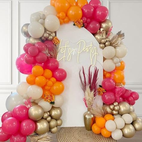 21st Colour Theme, Pink And Orange Balloon Arch, Orange Balloon Arch, Pink And Orange Party, Bright Birthday Party, Bohemian Birthday, Pink Party Theme, Sunset Party, Orange Birthday