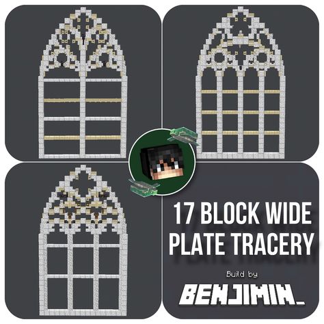 17 block wide gothic plate tracery windows in Minecraft! 💪🏻 I have loads of windows saved on Pinterest and today I picked a few to try and recreate the as accurate as possible writhing the 17 block wide arches! It was quite a challenge and these windows ended up pretty complicated, with some of them even being 5 blocks deep just to try and achieve a more pixel accurate shape! 🙌 Do we like the references on the last slide? 👀 Ref 1: unknown Ref 2: alamy stock photo Ref 3: unknown Swipe fo... Arch Minecraft Ideas, Nether Tunnel, Minecraft Cathedral, Minecraft Arch, Minecraft Decor, Server Ideas, Alamy Stock Photo, Construction Minecraft, Base Ideas