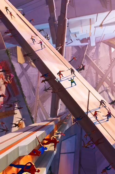 Spiderman Across The Spider Verse Cinematography, Spiderman 2099 Aesthetic, Spiderverse Visuals, Spiderverse City, Spider Woman Aesthetic, Spiderverse Frames, Spiderwoman Aesthetic, Spiderverse Wallpaper, Marvel App