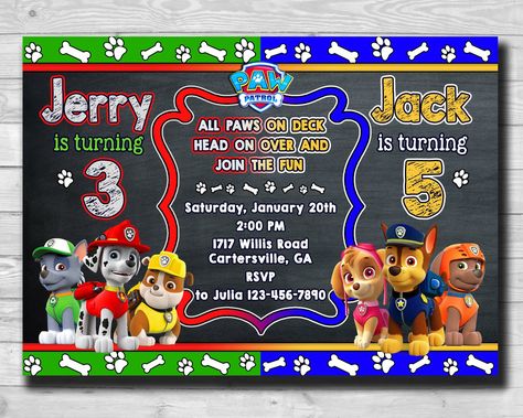 Paw Patrol Double Birthday Party, Paw Patrol Sibling Birthday Party, Paw Patrol Invitation, Double Birthday Parties, Sibling Birthday Parties, Paw Patrol Birthday Invitations, Chalkboard Invitation, Custom Birthday Invitations, Kid Parties