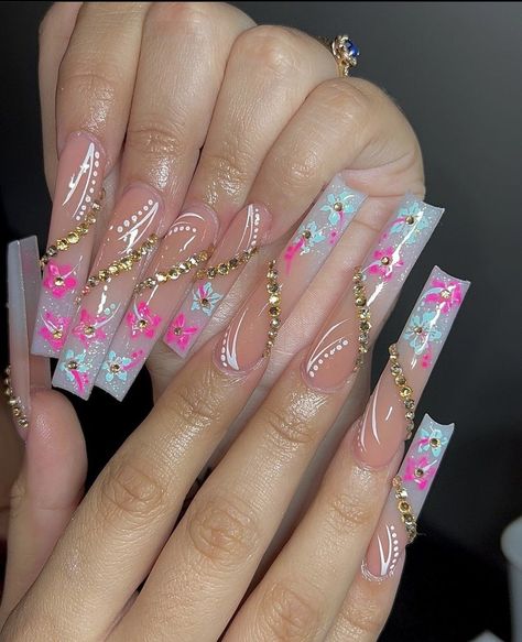 Pink Nails Extra, White Rhinestone Nails, Exotic Nails, Unique Acrylic Nails, Bling Acrylic Nails, Nail Art Kit, Kawaii Nails, Square Acrylic Nails, Stick On Nails