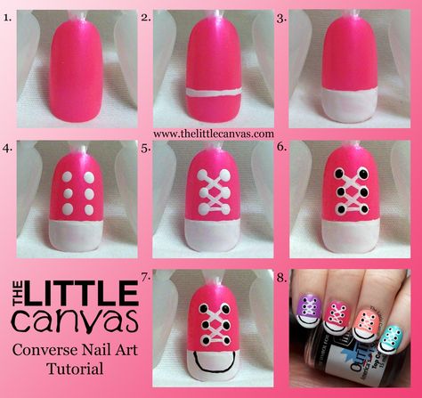 Converse Nail Art, Sneaker Nails, Converse Nails, Nail Art Step By Step, Art Step By Step, Kids Nail Designs, Kutek Disney, Gel Nail Art Designs, Nail Art For Beginners