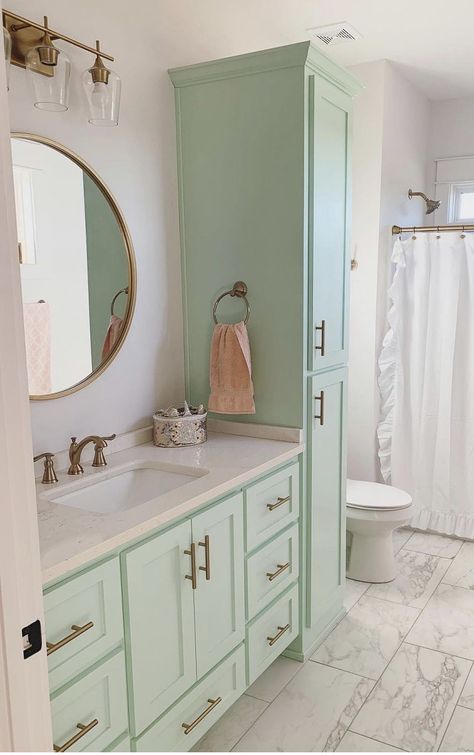 Lilac Bathroom Ideas, Purple Bathroom Paint, Snowbound Paint Color, Seafoam Bathroom, Snowbound Paint, Natural Bathroom Design, Lilac Bathroom, Light Green Bathrooms, Update Small Bathroom