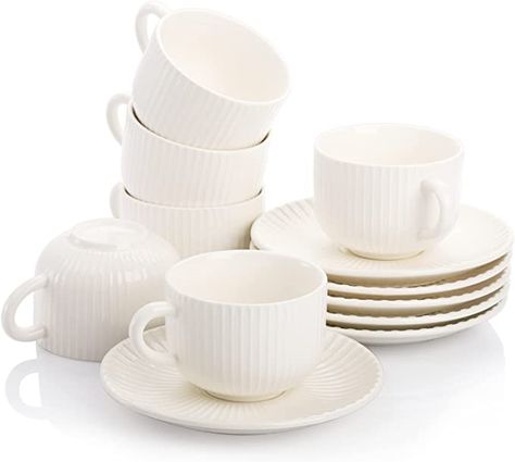 Amazon.com | AVLA Porcelain Cappuccino Cups with Saucers, 6 Ounce Ceramic Coffee Cup and Saucer Set, Espresso Mugs Set for Turkish Coffee, Latte, Cappuccino, Demitasse Cups, Set of 6, White: Cup & Saucer Sets Cup Saucer Set, Espresso Mugs, Singer Dr, Coffee Cup And Saucer, Dr House, Espresso Cups Set, Cappuccino Cups, Coffee Cup Set, Cups Set