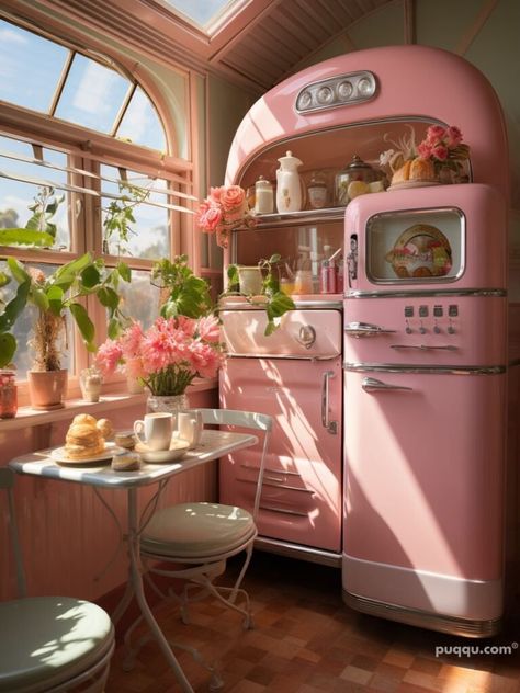 pink-kitchen-ideas- Pink Retro Kitchen, Pink Kitchen Appliances, Retro Pink Kitchens, Colorful Apartment, Herringbone Backsplash, Aesthetic Kitchen, Cottage Kitchens, Kitchen Design Open, Geometric Tiles