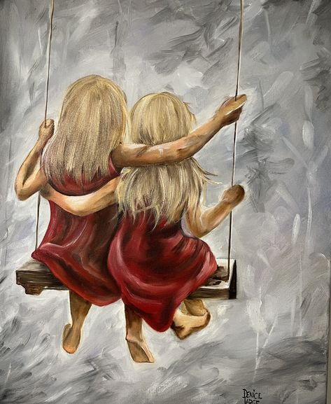 Sister Canvas Painting, Cute Sister Painting Ideas, Twins Painting, Sister Painting Ideas, Sisters Artwork, Sisters Painting Canvases, 3 Sister Painting Ideas, Sister Acrylic Painting, Friend Painting Ideas