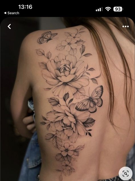 Back Tattoo For Women Elegant, Flowers Back Tattoo Women, Floral Back Tattoo Design, Tattoo Rug Dames, Rug Tattoo Dames, Wildflower Back Tattoo, Floral Back Tattoo Women, Butterfly Back Tattoos, Flowers And Butterfly Tattoo