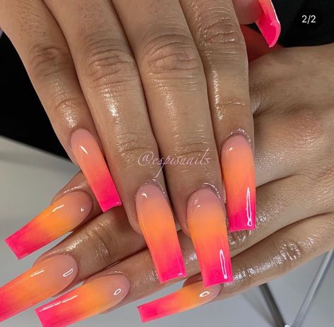 Bright Ombre Acrylic Nails, Vibrant Ombre Nails, Orange And Pink Nail Designs Summer, Ombre Nails Summer Colors, Summer Ombre Nails Square, Neon Ombre Acrylic Nails, Neon Party Nails, Colorful Ombre Nails, Sunset Nails Acrylic