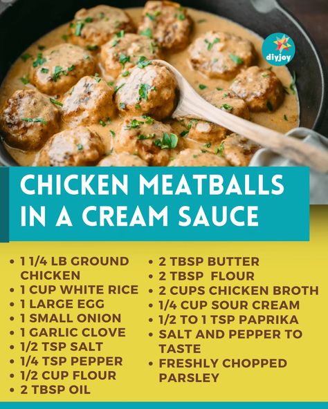 Chicken Meatballs in a Cream Sauce | Easy Dinner Recipe | How to Make Chicken Meatballs via @diyjoycrafts Chicken Meatball Recipe, Meatballs Sauce Recipe, Meatballs Sauce, Meatball Recipes Crockpot, Meatball Dinner, Chicken Meatball, Chicken Receipes, Chicken Meatball Recipes, Meatball Sauce